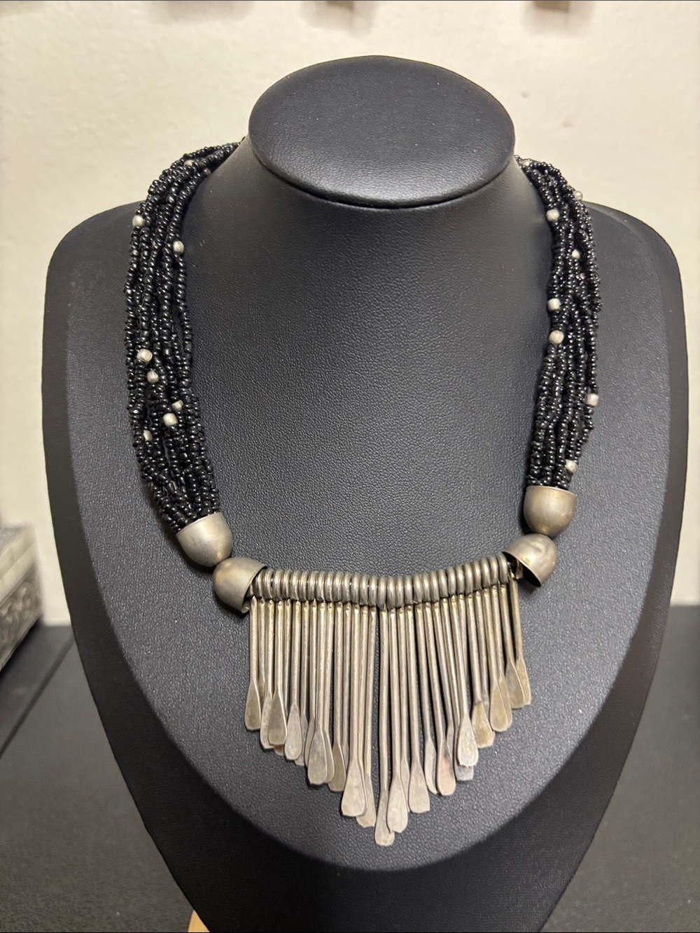 Vintage Boho Handcrafted Black Bead Necklace with Antique Silver Fringe